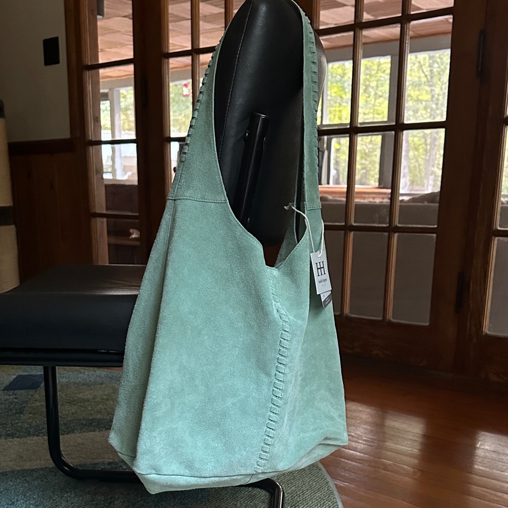 Haute Hippie Light Blue-Green Suede Hobo Bag with Detachable Pouch inside